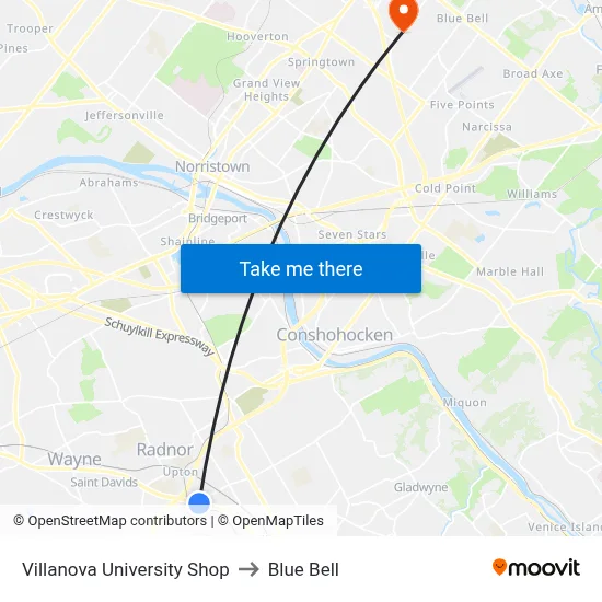 Villanova University Shop to Blue Bell map