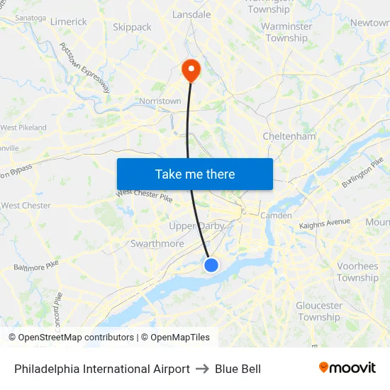 Philadelphia International Airport to Blue Bell map
