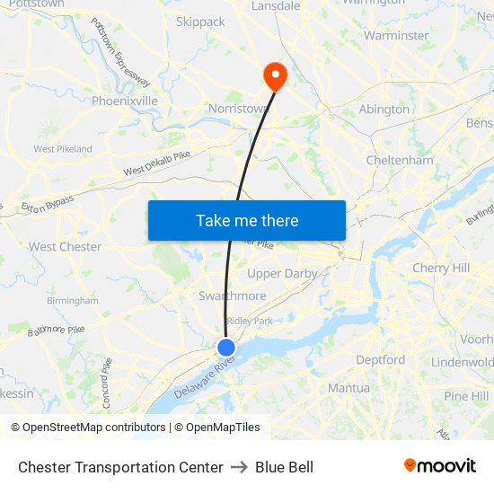 Chester Transportation Center to Blue Bell map