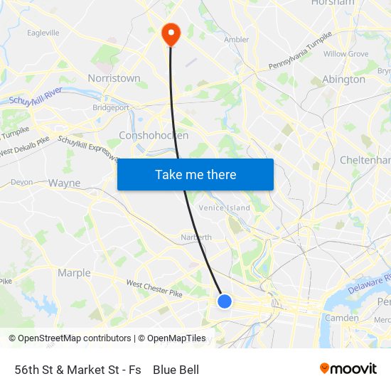 56th St & Market St - Fs to Blue Bell map