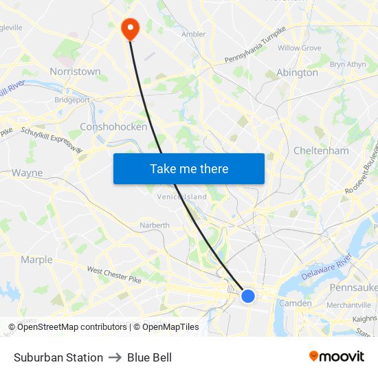 Suburban Station to Blue Bell map