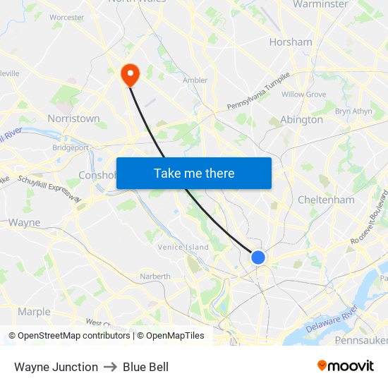 Wayne Junction to Blue Bell map