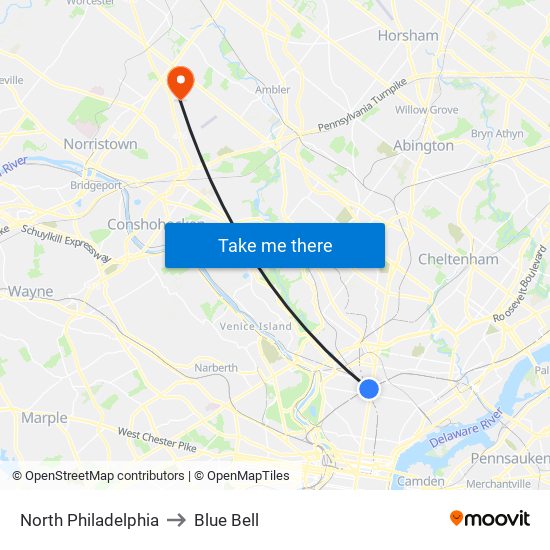 North Philadelphia to Blue Bell map