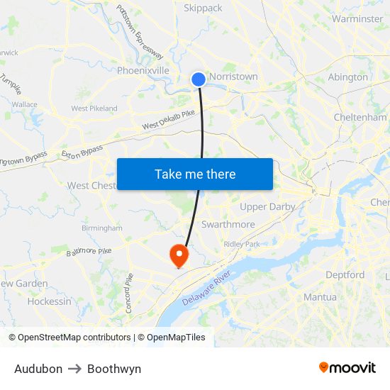Audubon to Boothwyn map