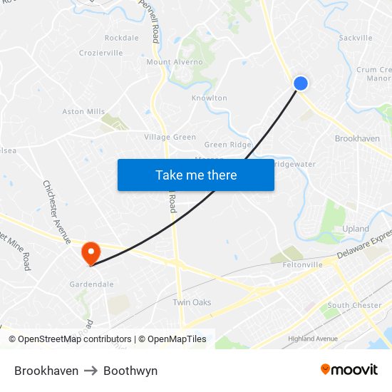 Brookhaven to Boothwyn map