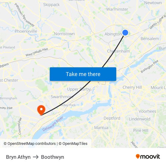 Bryn Athyn to Boothwyn map