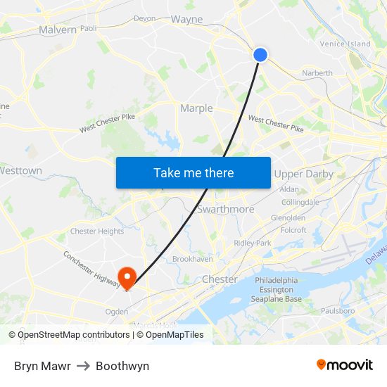 Bryn Mawr to Boothwyn map