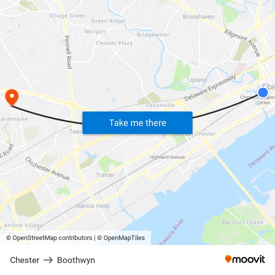 Chester to Boothwyn map