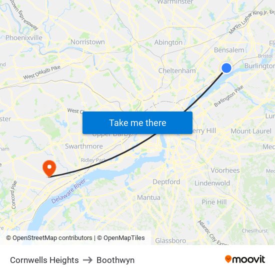 Cornwells Heights to Boothwyn map