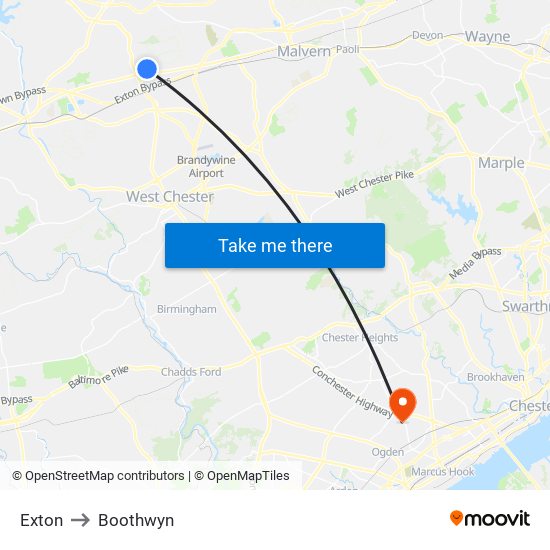 Exton to Boothwyn map