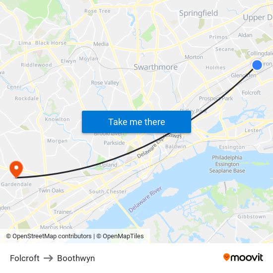 Folcroft to Boothwyn map