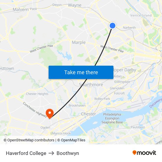 Haverford College to Boothwyn map