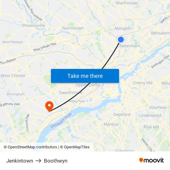 Jenkintown to Boothwyn map