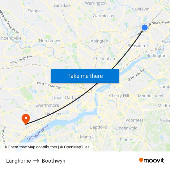 Langhorne to Boothwyn map