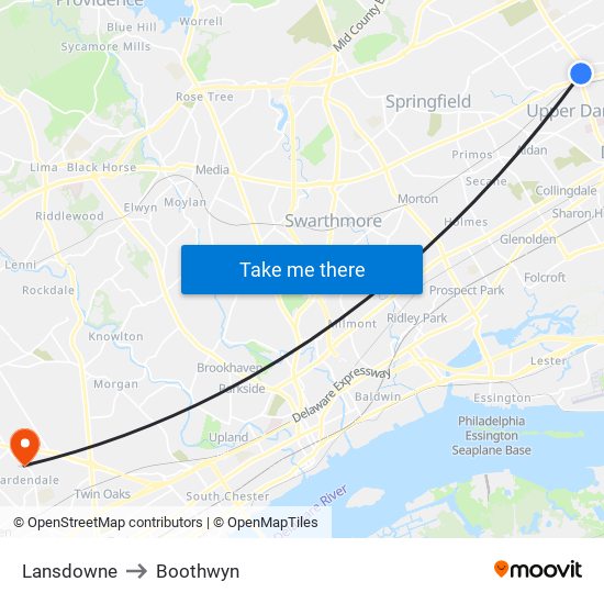 Lansdowne to Boothwyn map