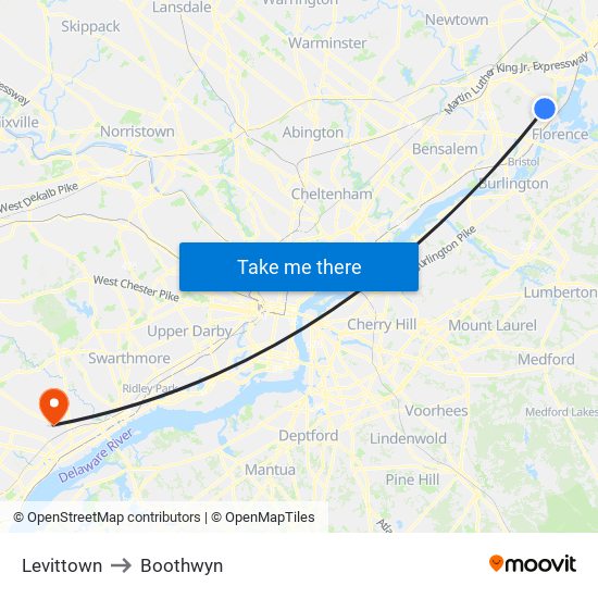 Levittown to Boothwyn map