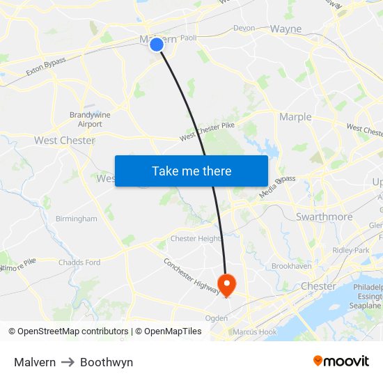 Malvern to Boothwyn map