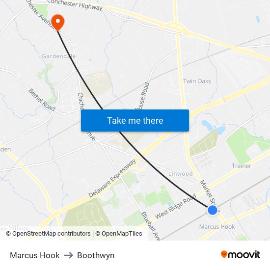 Marcus Hook to Boothwyn map