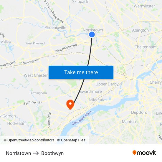 Norristown to Boothwyn map