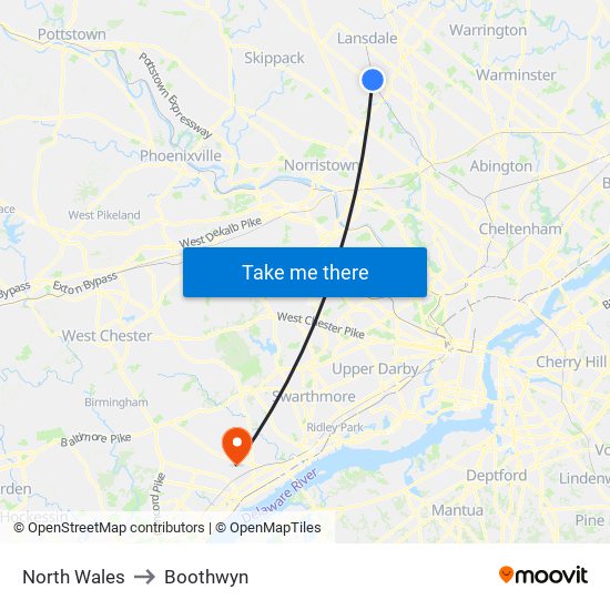 North Wales to Boothwyn map