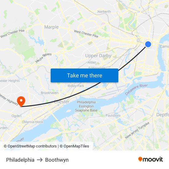 Philadelphia to Boothwyn map