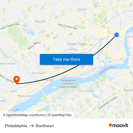 Philadelphia to Boothwyn map