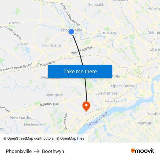 Phoenixville to Boothwyn map