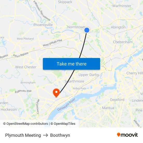 Plymouth Meeting to Boothwyn map