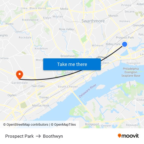 Prospect Park to Boothwyn map