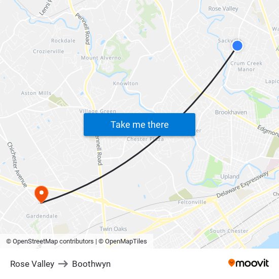 Rose Valley to Boothwyn map