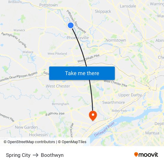 Spring City to Boothwyn map