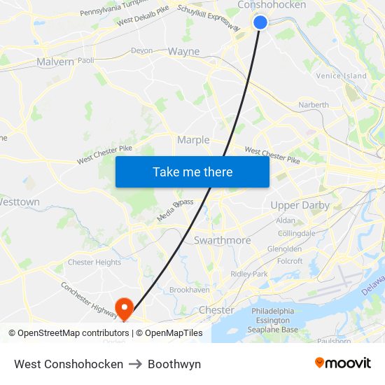 West Conshohocken to Boothwyn map