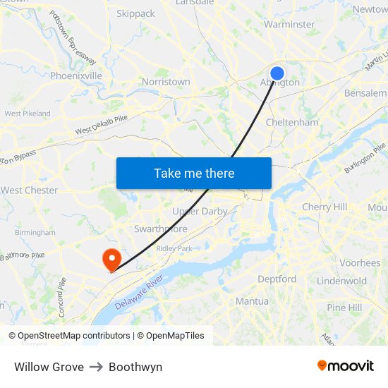 Willow Grove to Boothwyn map