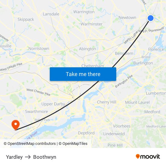 Yardley to Boothwyn map