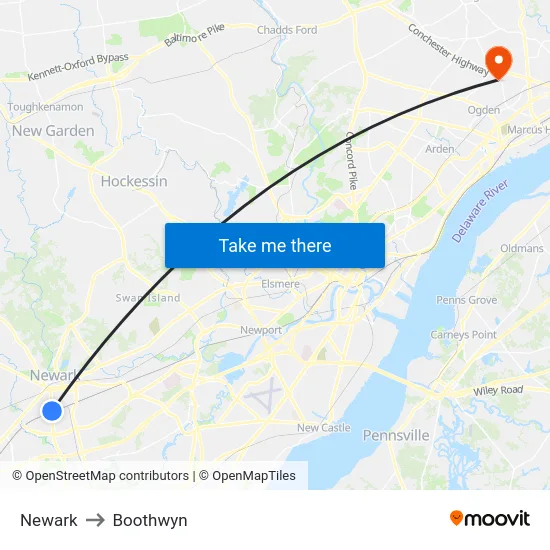 Newark to Boothwyn map