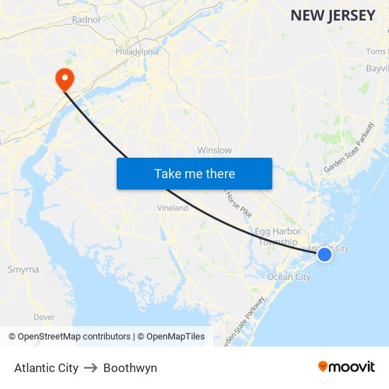 Atlantic City to Boothwyn map