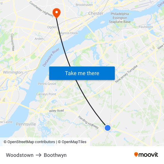 Woodstown to Boothwyn map