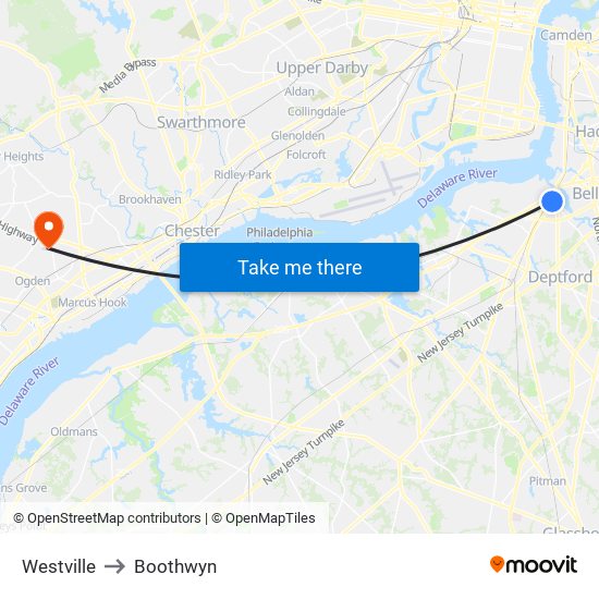 Westville to Boothwyn map