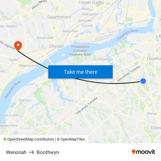 Wenonah to Boothwyn map