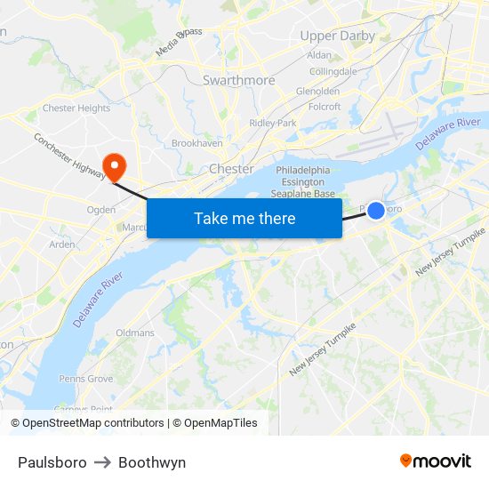 Paulsboro to Boothwyn map