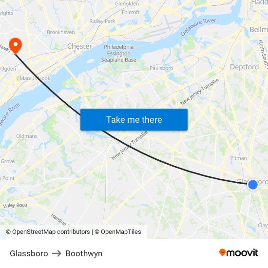 Glassboro to Boothwyn map