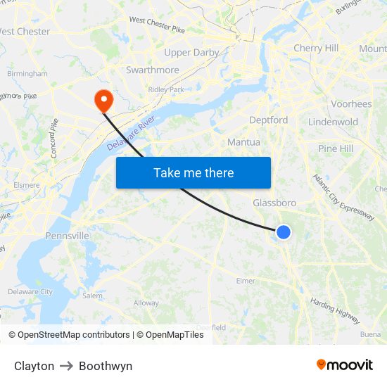 Clayton to Boothwyn map