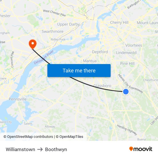 Williamstown to Boothwyn map