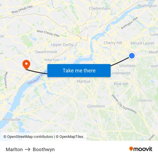 Marlton to Boothwyn map
