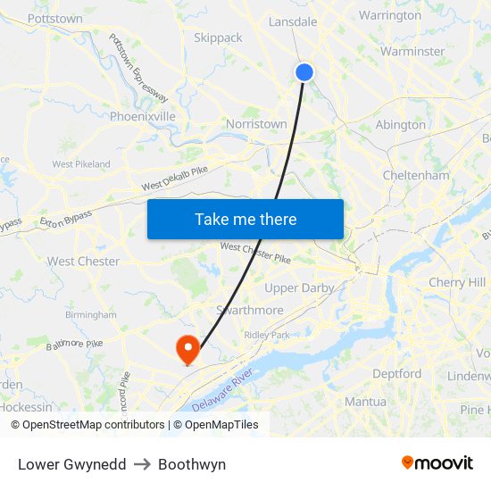 Lower Gwynedd to Boothwyn map