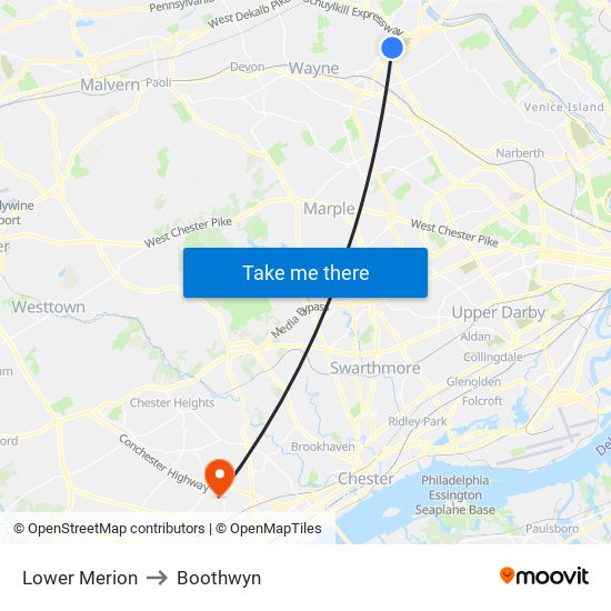 Lower Merion to Boothwyn map