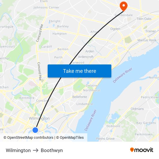 Wilmington to Boothwyn map