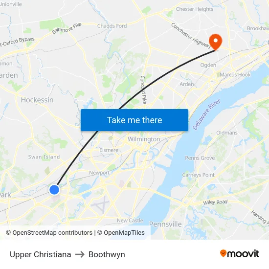 Upper Christiana to Boothwyn map