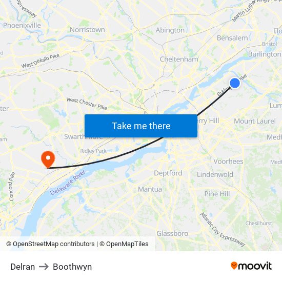 Delran to Boothwyn map
