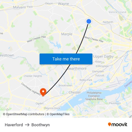 Haverford to Boothwyn map